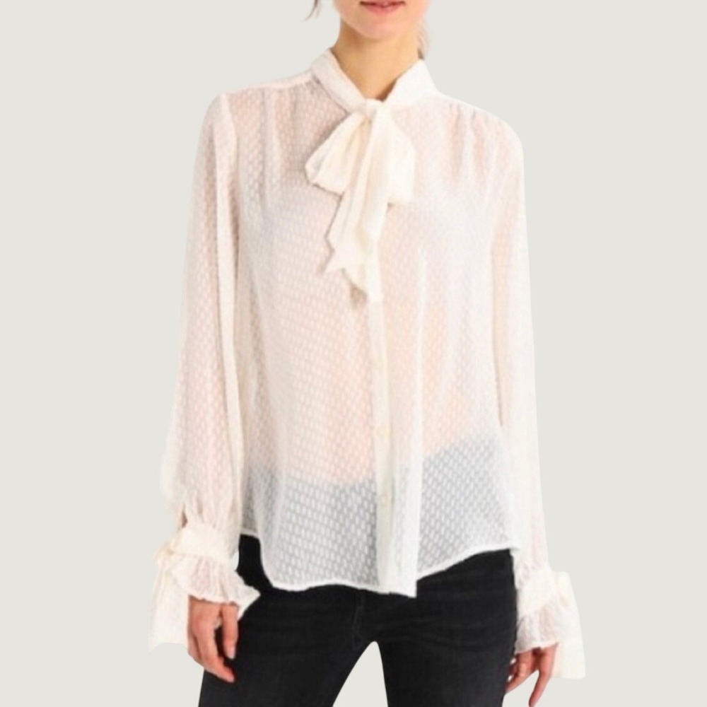 Banana Republic Sheer Ivory Swiss Dot Tie Neck Bow Blouse L Ruffle Cuff Coquette